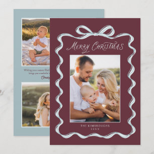 Elegant Modern Hand Drawn Bow Family 4 Photo Holiday Card