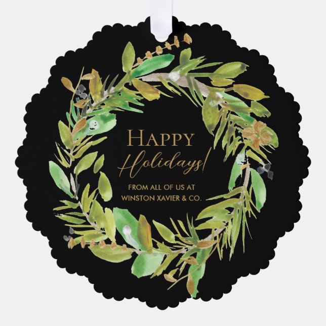 Elegant Modern Happy Holidays Wreath Corporate Tree Decoration Card (Front)