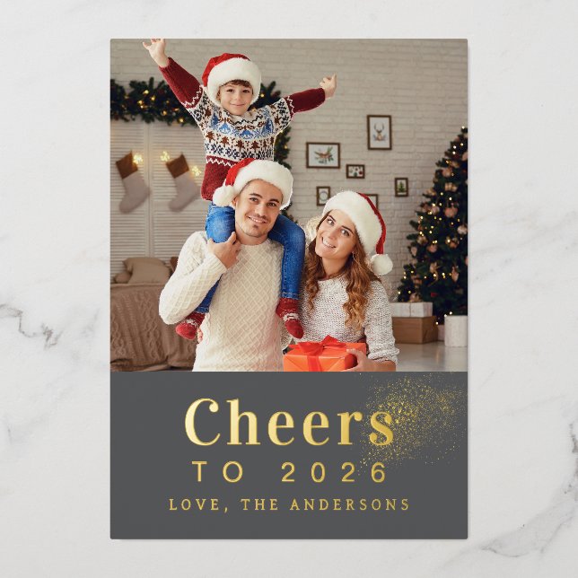 Elegant Modern Happy New Year 2026 Family Photo Foil Holiday Card (Front)