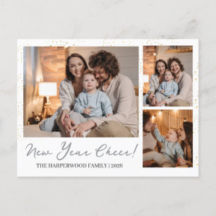 Elegant Modern Happy New Year 3 Multi Photo Holiday Postcard