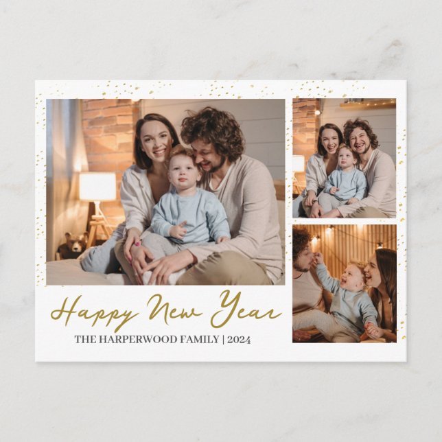 Elegant Modern Happy New Year 3 Multi Photo Holiday Postcard (Front)