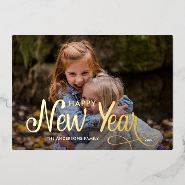 Elegant Modern Happy New Year 3 Photos Script   Fo Foil Holiday Card (Front)