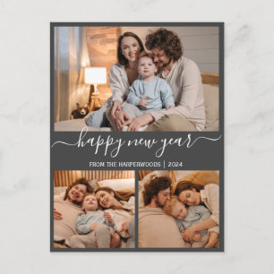 Elegant Modern Happy New Year Black 3 Collage Holiday Postcard
