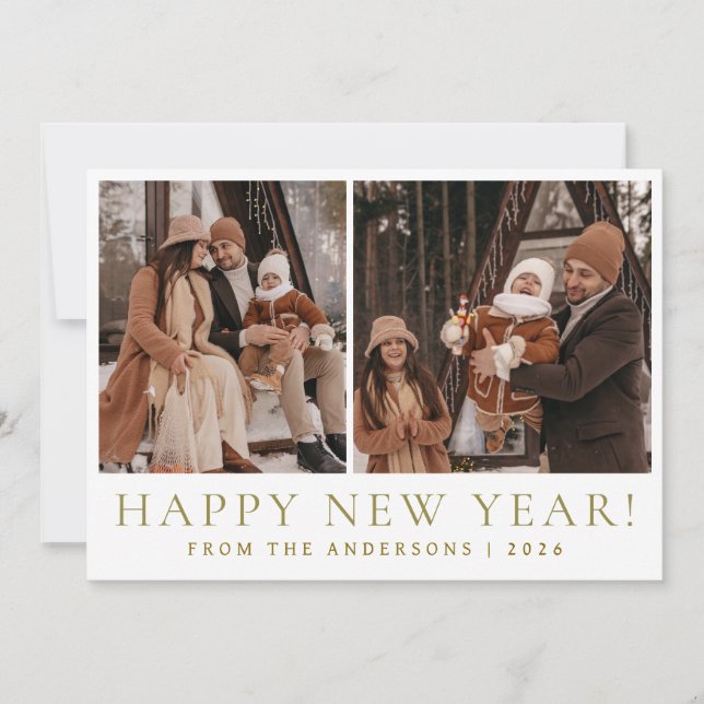 Elegant Modern Happy New Year Family 2 Photo Holiday Card (Front)