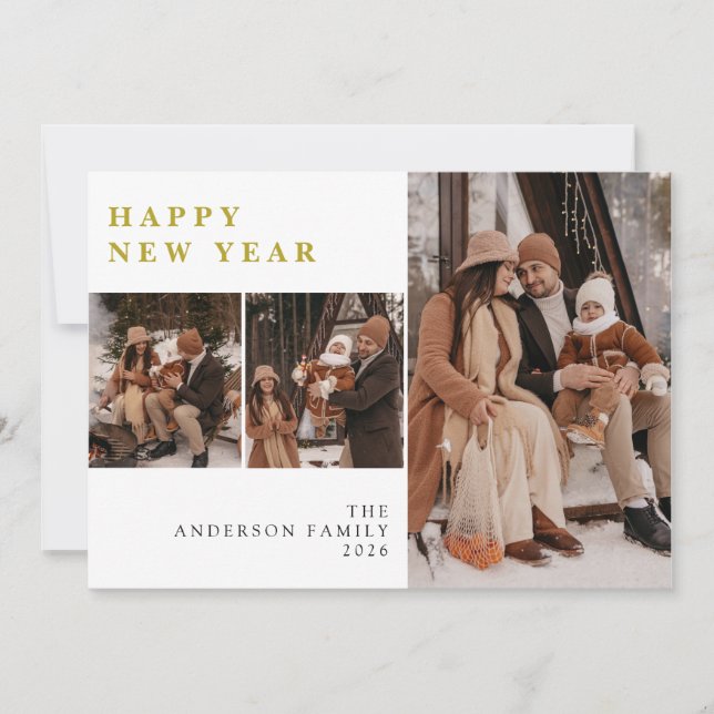 Elegant Modern Happy New Year Family 3 Photo  Holiday Card (Front)