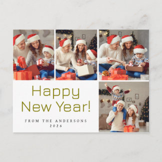 Elegant Modern Happy New Year Family 4 Photo Holiday Postcard