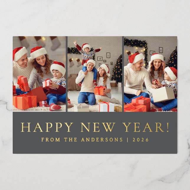 Elegant Modern Happy New Year Family Photo Foil Holiday Card (Front)