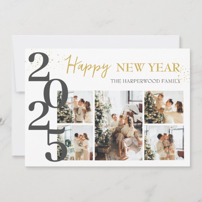 Elegant Modern Happy New Year Photo Collage Holiday Card (Front)