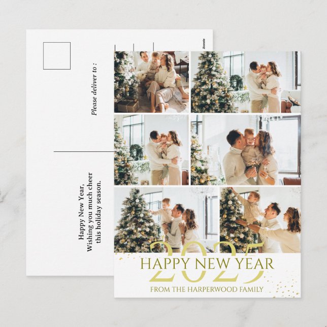 Elegant Modern Happy New Year Photo Collage Holiday Postcard (Front/Back)