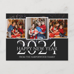 Elegant Modern Happy New Year Three Photo Holiday Postcard