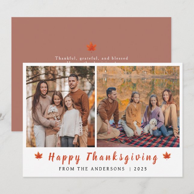 Elegant Modern Happy Thanksgiving Autumn 2 Photo Holiday Card (Front/Back)