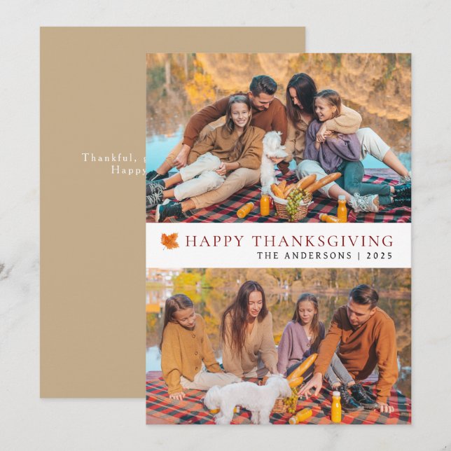 Elegant Modern Happy Thanksgiving Autumn 2 Photo Holiday Card (Front/Back)