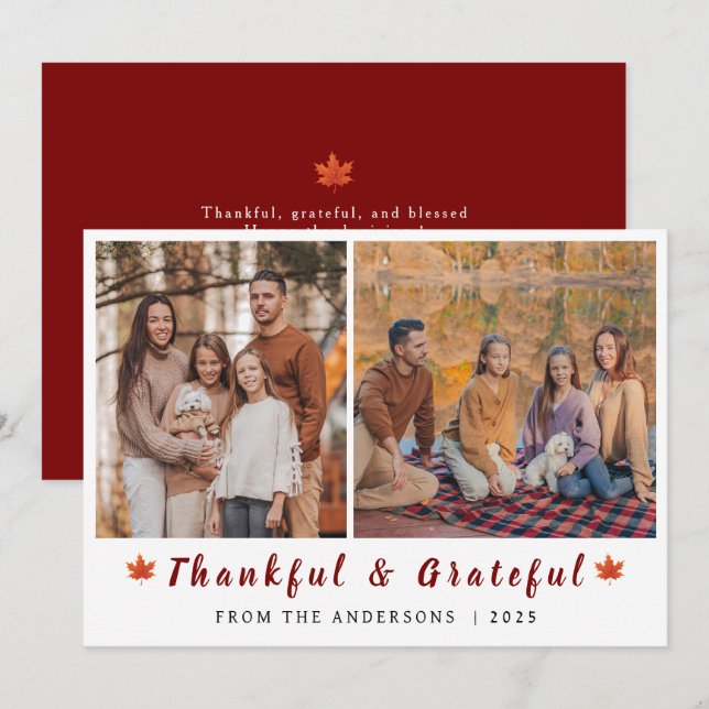 Elegant Modern Happy Thanksgiving Autumn 2 Photo Holiday Card (Front/Back)