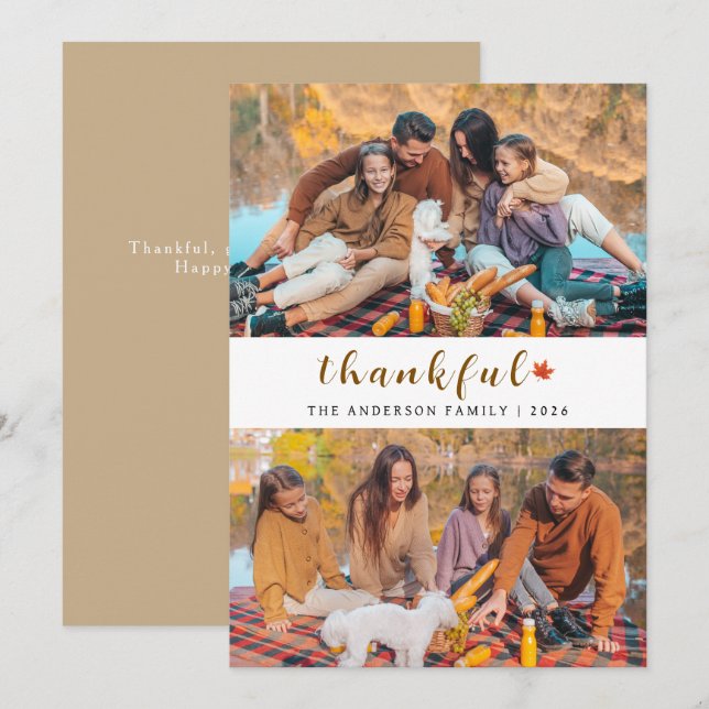 Elegant Modern Happy Thanksgiving Autumn 2 Photo Holiday Card (Front/Back)