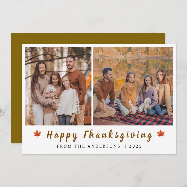 Elegant Modern Happy Thanksgiving Autumn 2 Photo Holiday Card (Front/Back)