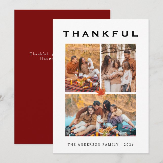Elegant Modern Happy Thanksgiving Autumn 3 Photo Holiday Card (Front/Back)