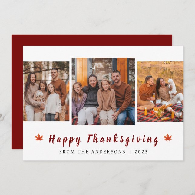 Elegant Modern Happy Thanksgiving Autumn 3 Photo Holiday Card (Front/Back)