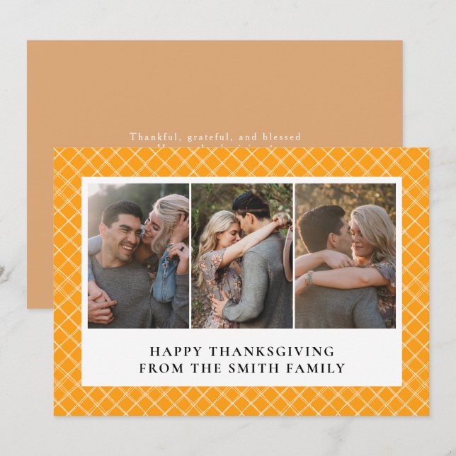 Elegant Modern Happy Thanksgiving Autumn 3 Photo Holiday Card (Front/Back)