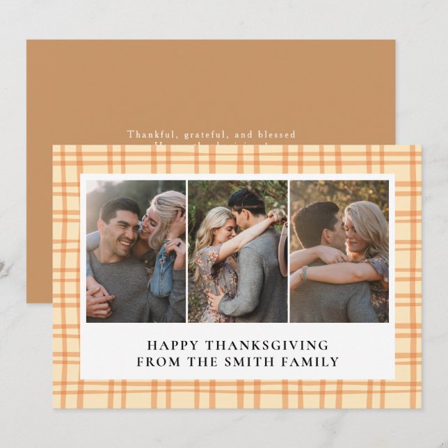 Elegant Modern Happy Thanksgiving Autumn 3 Photo Holiday Card (Front/Back)