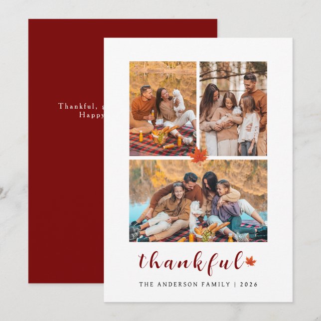 Elegant Modern Happy Thanksgiving Autumn 3 Photo Holiday Card (Front/Back)