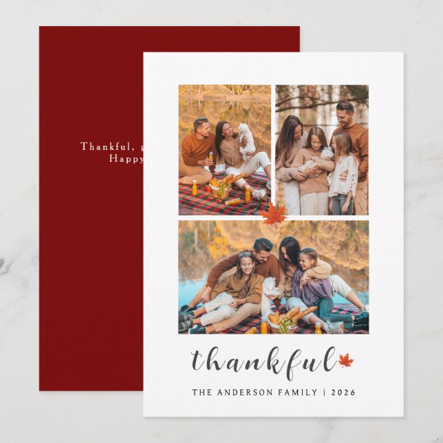 Elegant Modern Happy Thanksgiving Autumn 3 Photo Holiday Card (Front/Back)
