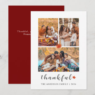 Elegant Modern Happy Thanksgiving Autumn 3 Photo Holiday Card