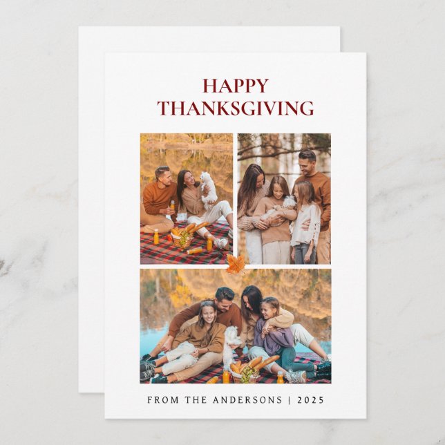 Elegant Modern Happy Thanksgiving Autumn 3 Photo Holiday Card (Front/Back)