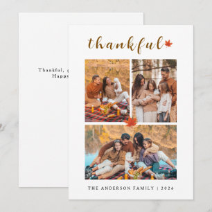 Elegant Modern Happy Thanksgiving Autumn 3 Photo Holiday Card