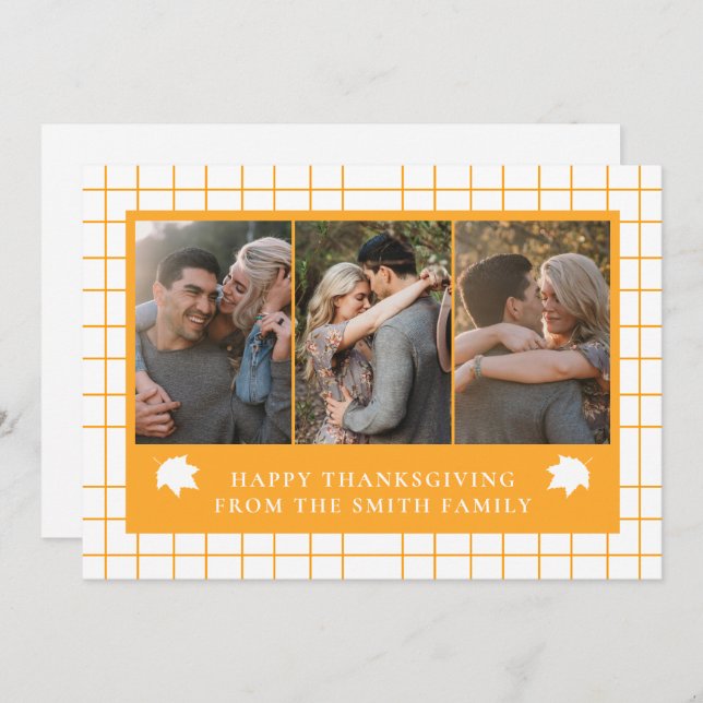 Elegant Modern Happy Thanksgiving Autumn 3 Photo Holiday Card (Front/Back)
