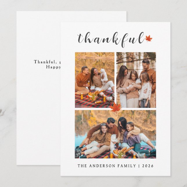 Elegant Modern Happy Thanksgiving Autumn 3 Photo Holiday Card (Front/Back)