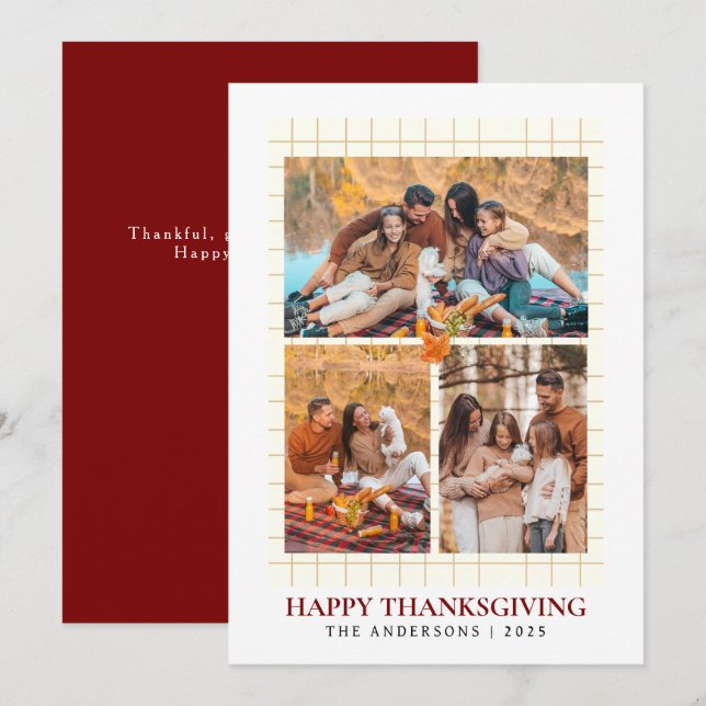 Elegant Modern Happy Thanksgiving Autumn 3 Photo Holiday Card (Front/Back)