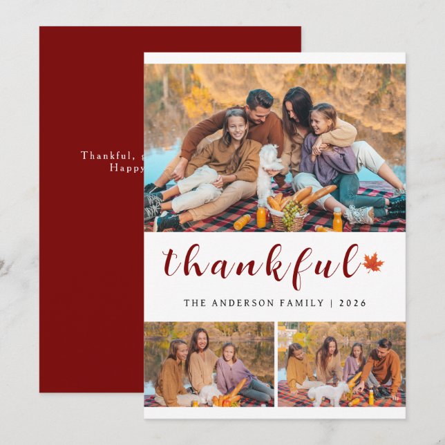 Elegant Modern Happy Thanksgiving Autumn 3 Photo Holiday Card (Front/Back)