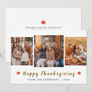 Elegant Modern Happy Thanksgiving Autumn 3 Photo Holiday Card