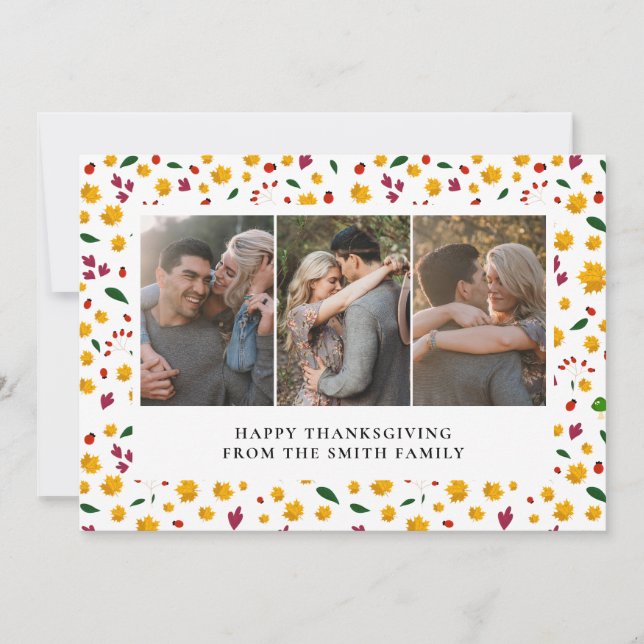 Elegant Modern Happy Thanksgiving Autumn 3 Photo Holiday Card (Front)