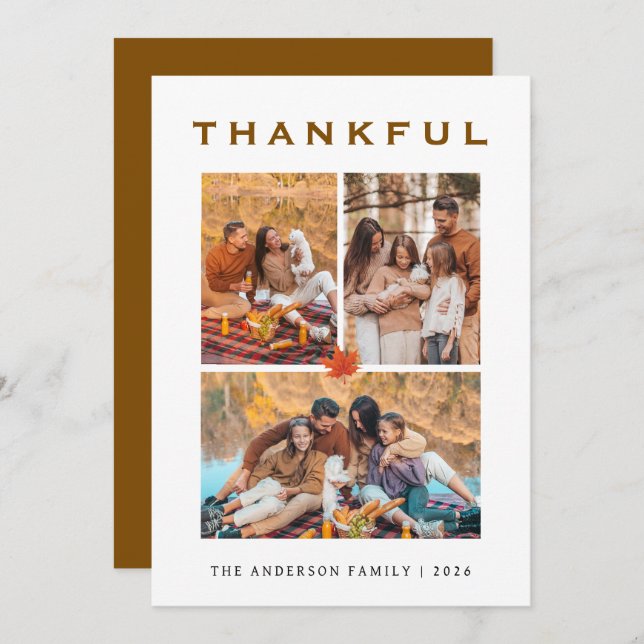 Elegant Modern Happy Thanksgiving Autumn 3 Photo Holiday Card (Front/Back)