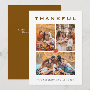 Elegant Modern Happy Thanksgiving Autumn 3 Photo Holiday Card