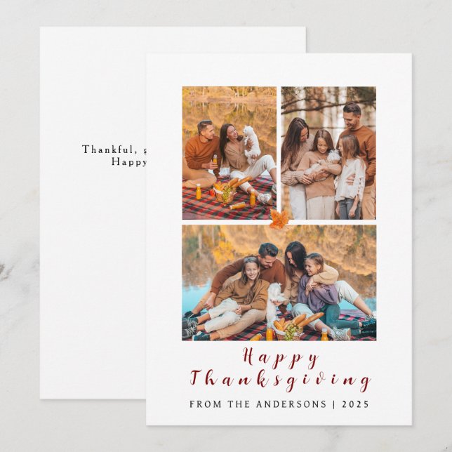 Elegant Modern Happy Thanksgiving Autumn 3 Photo Holiday Card (Front/Back)
