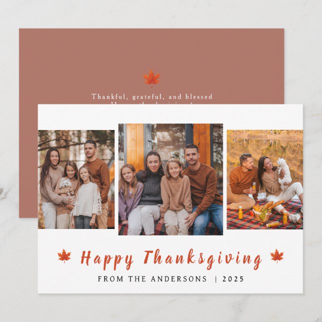 Elegant Modern Happy Thanksgiving Autumn 3 Photo Holiday Card (Front/Back)