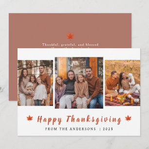 Elegant Modern Happy Thanksgiving Autumn 3 Photo Holiday Card