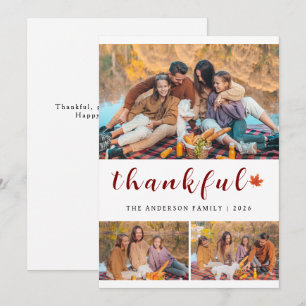 Elegant Modern Happy Thanksgiving Autumn 3 Photo Holiday Card