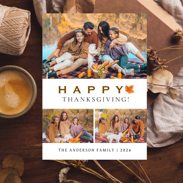 Elegant Modern Happy Thanksgiving Autumn 3 Photo Holiday Card (Creator Uploaded)