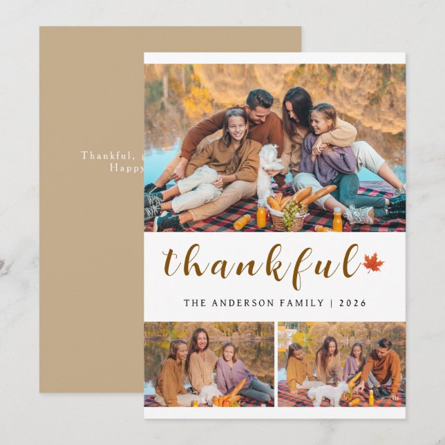 Elegant Modern Happy Thanksgiving Autumn 3 Photo Holiday Card (Front/Back)