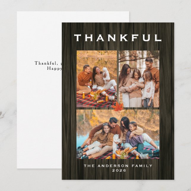 Elegant Modern Happy Thanksgiving Autumn 3 Photo Holiday Card (Front/Back)