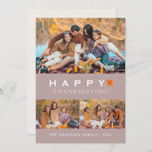 Elegant Modern Happy Thanksgiving Autumn 3 Photo Holiday Card