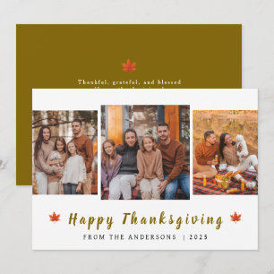 Elegant Modern Happy Thanksgiving Autumn 3 Photo Holiday Card