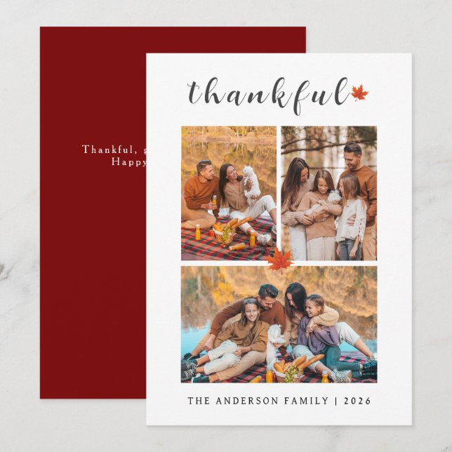 Elegant Modern Happy Thanksgiving Autumn 3 Photo Holiday Card (Front/Back)