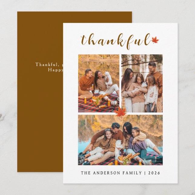 Elegant Modern Happy Thanksgiving Autumn 3 Photo Holiday Card (Front/Back)