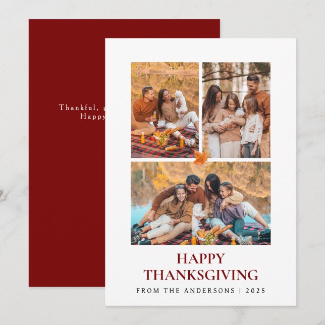 Elegant Modern Happy Thanksgiving Autumn 3 Photo Holiday Card (Front/Back)