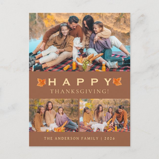 Elegant Modern Happy Thanksgiving Autumn 3 Photo Holiday Postcard (Front)