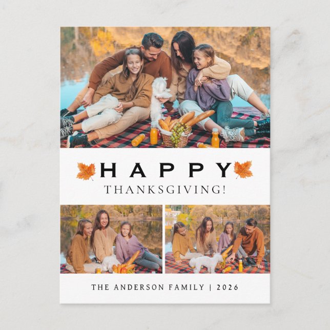 Elegant Modern Happy Thanksgiving Autumn 3 Photo Holiday Postcard (Front)
